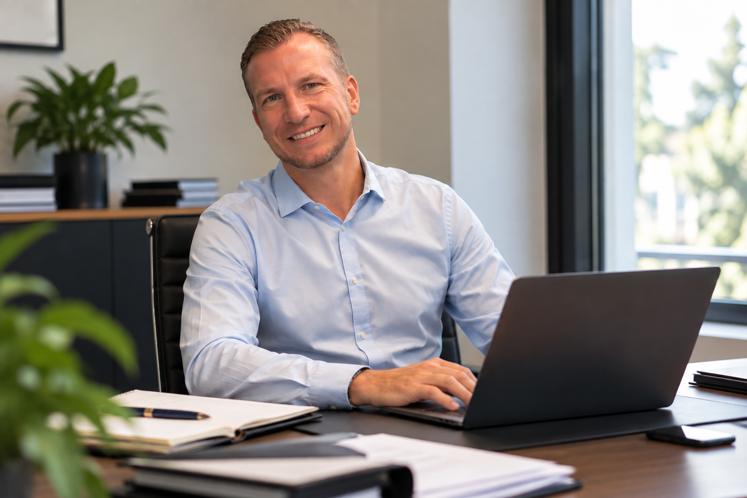 Portrait professionnel au bureau moderne